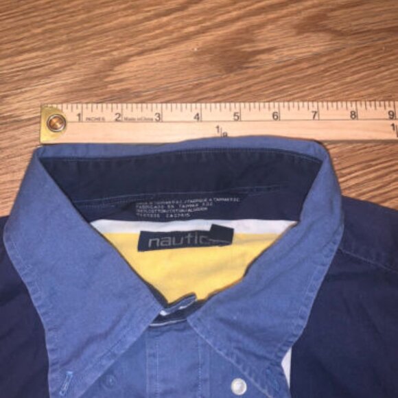 VTG Nautica Button Down Shirt Mens XL Blue Yellow Short Sleeve Striped - Picture 5 of 11